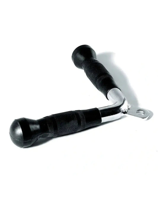 Tricep pressdown cable crossover bar with black rubber handles and chrome-finished metal joint for home fitness use