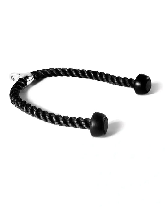 Black braided tricep pressdown rope with polished spherical ends and silver metal clasp for home fitness use