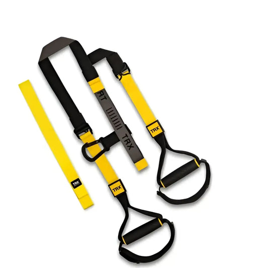 Yellow and black trx club 4 suspension training system with padded handles and adjustable straps for compact design use