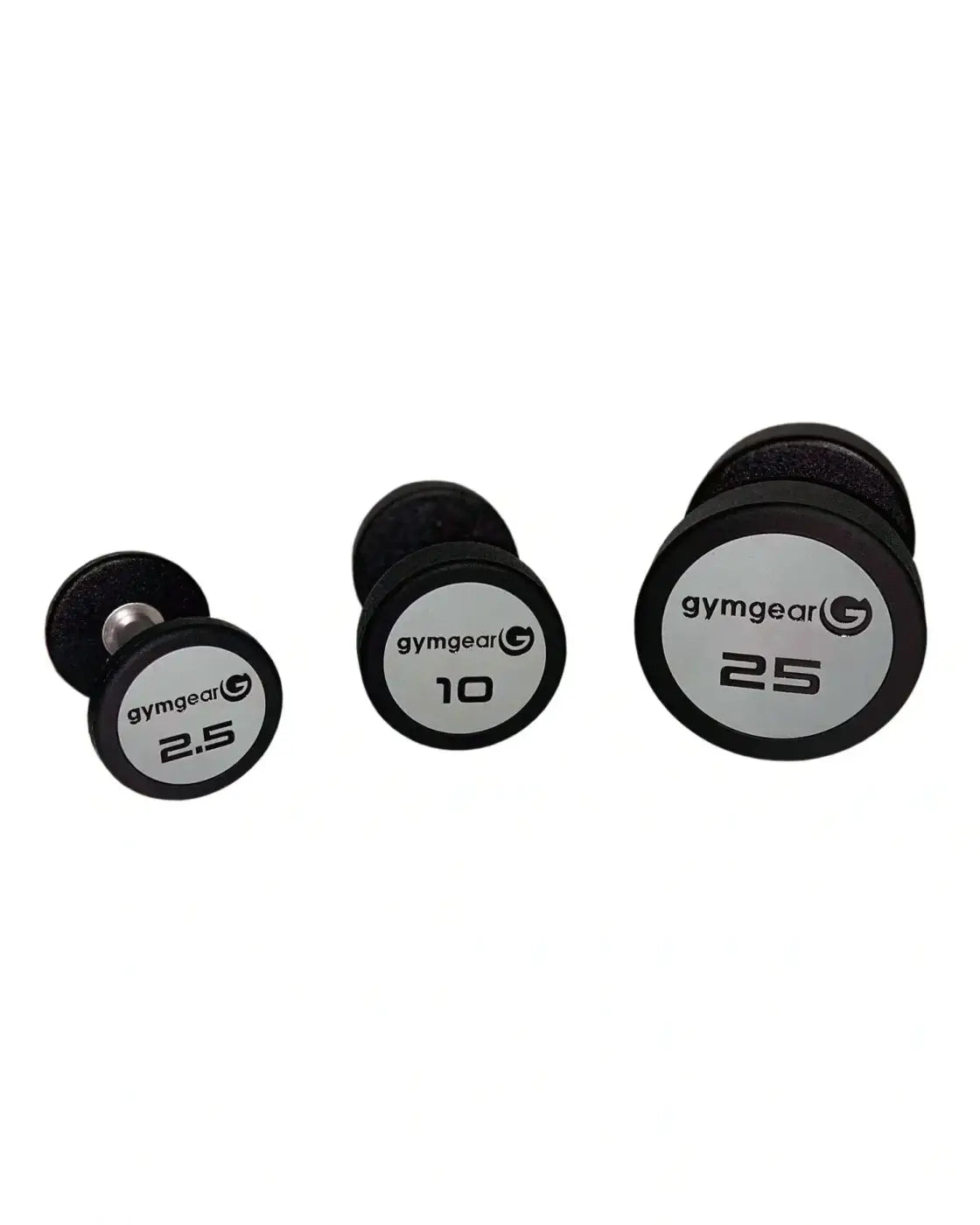 Black urethane dumbbells set with white weight labels and brand logo for home training use