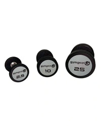 Black urethane dumbbells set with white weight labels and brand logo for home training use