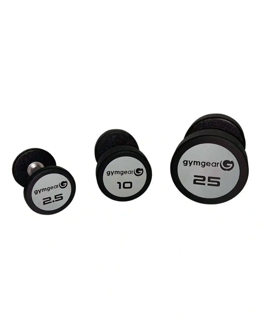 Black urethane dumbbells set with white weight labels and brand logo for home training use