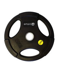 Black urethane olympic weight plate 20kg with tri-grip oval cutouts and yellow sticker built for home use