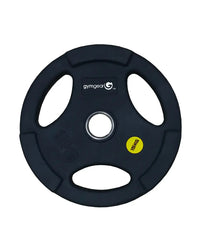 Black urethane olympic 15kg weight plate with rubberized surface and three oval cutouts for home gym use