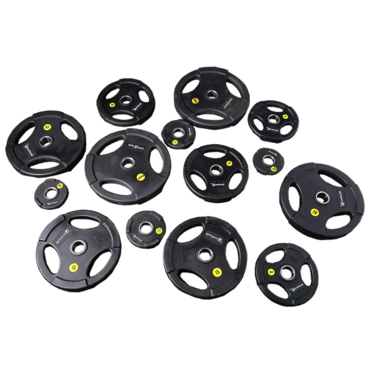 Black urethane olympic weight plates with yellow markings and gymnast logo tri-grip design built for home use