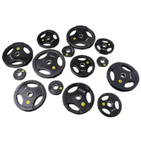 Black urethane olympic weight plates with yellow markings and gymnast logo tri-grip design built for home use