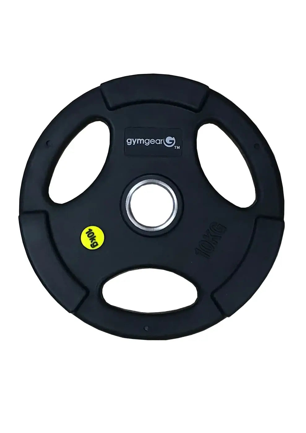 Black urethane 10kg tri-grip Olympic weight plate with silver center and yellow label for home gym use