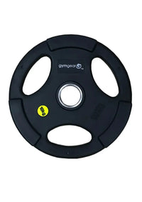 Black urethane 10kg tri-grip Olympic weight plate with silver center and yellow label for home gym use