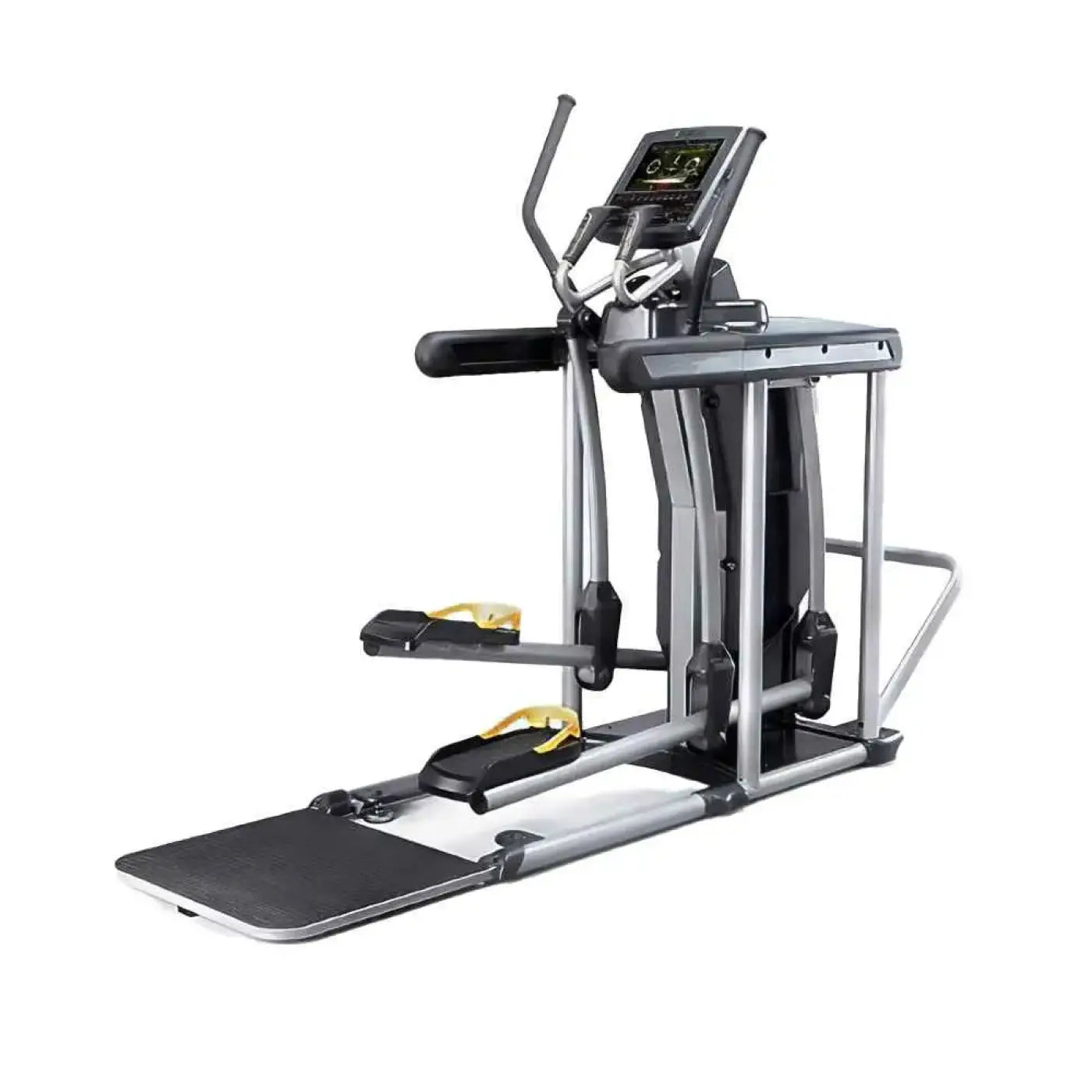 Vari stride elliptical trainer in silver and black with yellow foot pedal accents built for home use