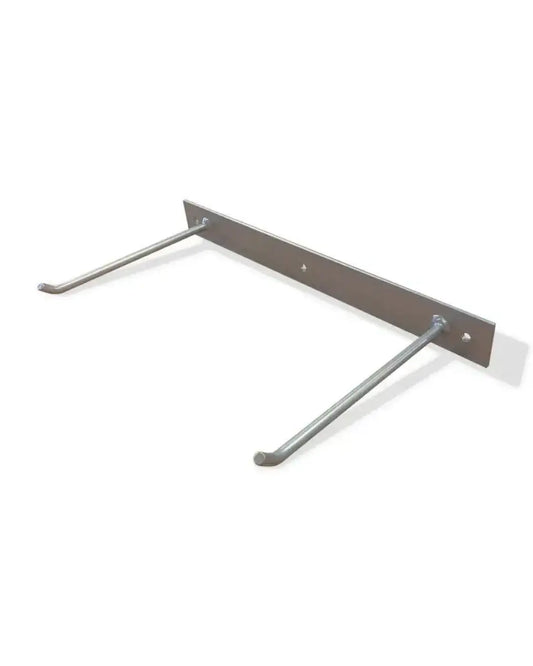 Metal wall-mounted vinyl sports mat hanger in black with two curved hooks and flat backplate for home use