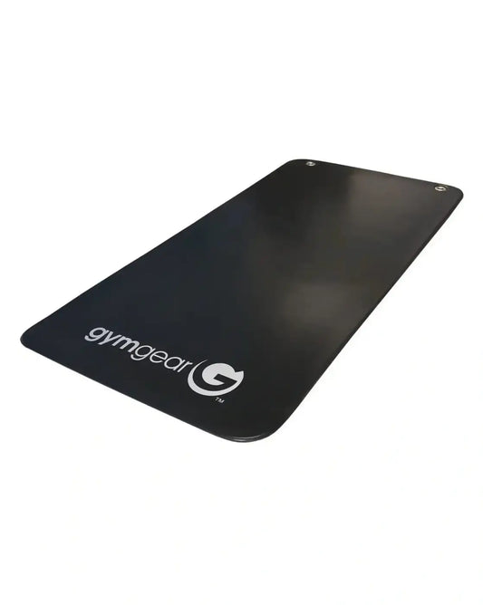 Vinyl studio gym mat in black vinyl with sleek glossy finish and white logo branding for uk delivery