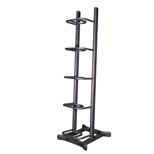 Black metal wall ball storage rack with five tiered shelves and sturdy base for home workout organization