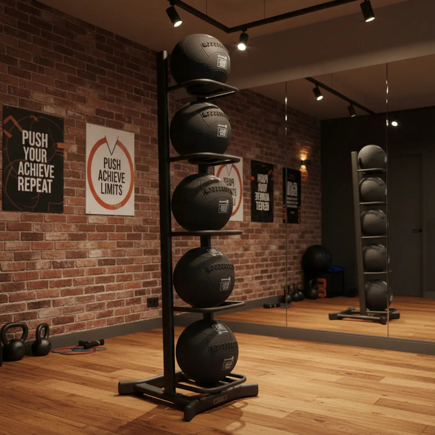 Black metal wall ball storage rack holding five black rubber medicine balls for home workout organization