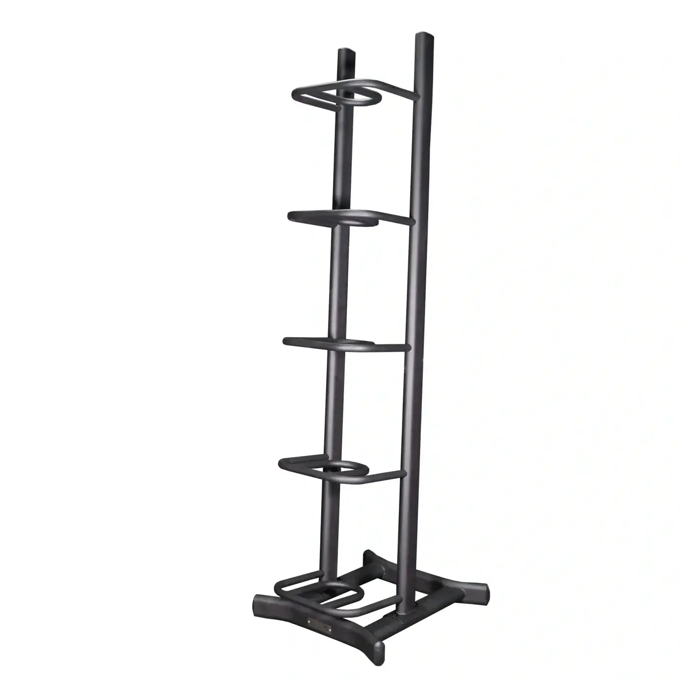 Black metal wall ball storage rack with five tiered shelves and sturdy base for home workout organization