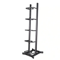 Black metal wall ball storage rack with five tiered shelves and sturdy base for home workout organization