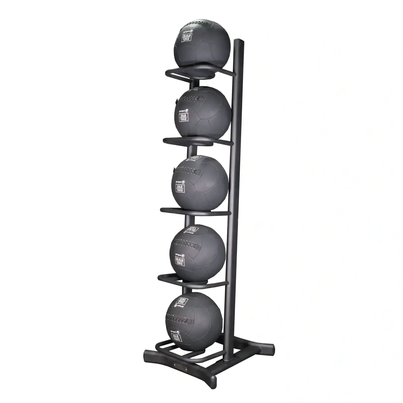 Black rubber medicine balls neatly arranged vertically on a black metal wall ball storage rack holding five for home workout
