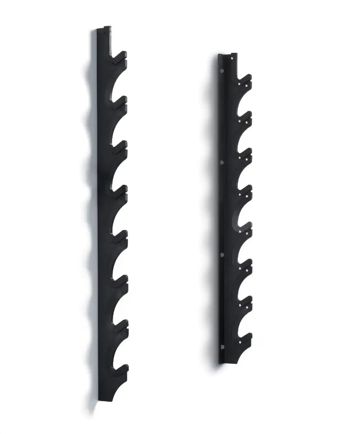 Black metal wall mounted rifle rack with multiple curved slots for horizontal firearm storage compact design