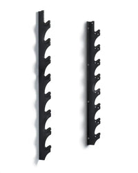 Black metal wall mounted rifle rack with multiple curved slots for horizontal firearm storage compact design