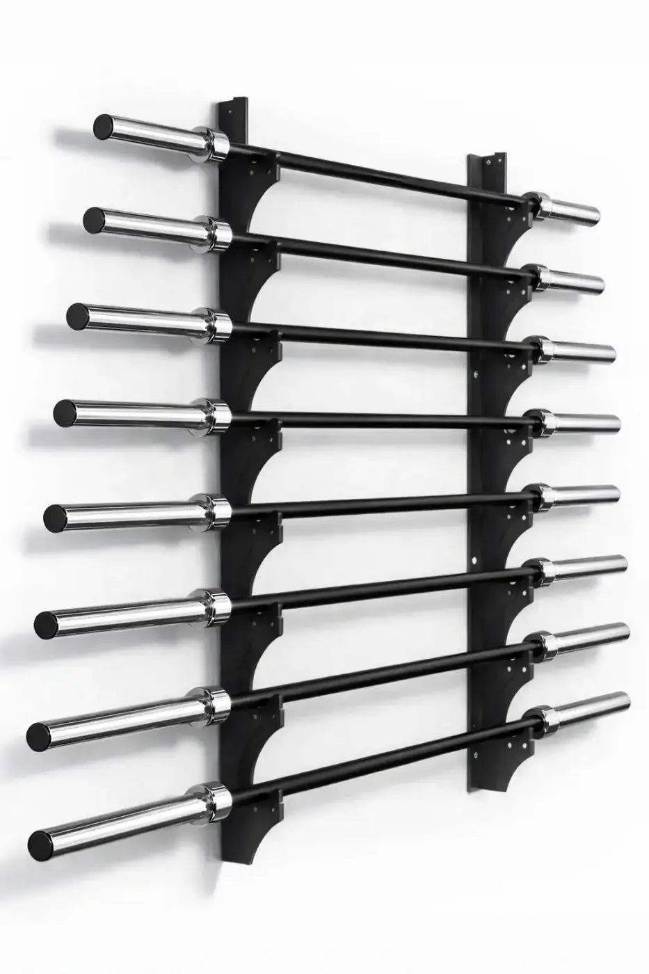 Black wall mounted bar holder with compact design holding ten chrome finished weightlifting bars horizontally