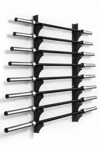 Black wall mounted bar holder with compact design holding ten chrome finished weightlifting bars horizontally