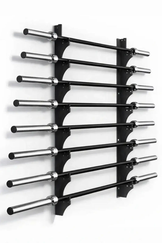 Black wall mounted bar holder with compact design holding ten chrome finished weightlifting bars horizontally