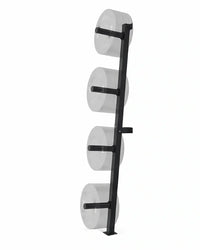 Black metal wall-mounted weight plate storage rack with four horns holding clear plastic cylindrical weights