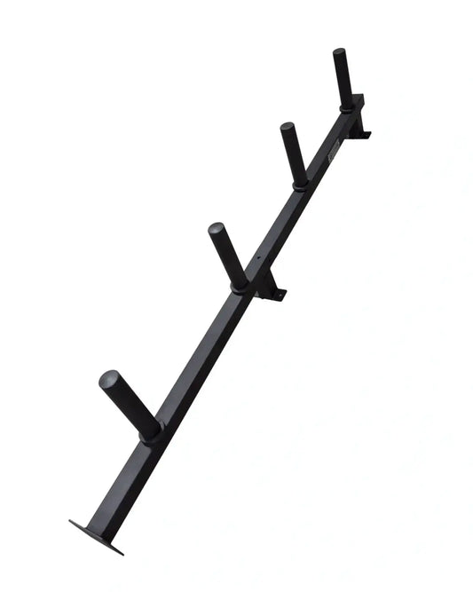 Black metal wall-mounted weight plate storage rack with four cylindrical pegs for barbells or dumbbells