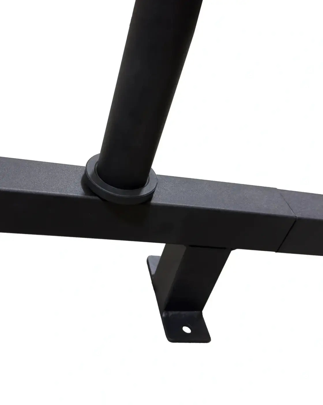 Black metal bed frame support bracket with a cylindrical pole joint and flat mounting plate