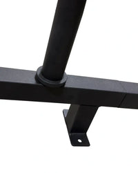 Black metal bed frame support bracket with a cylindrical pole joint and flat mounting plate