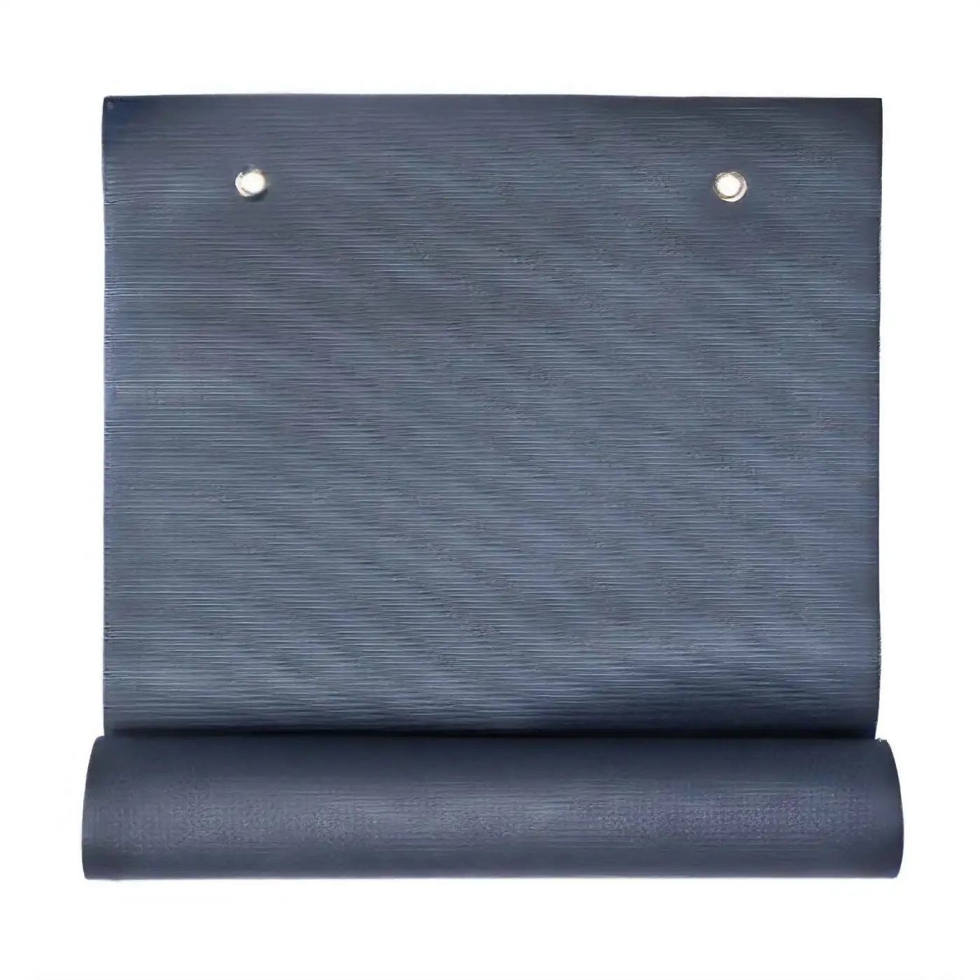 Dark blue textured warrior eyelet yoga mat ii with two silver grommets for home fitness use rolled up