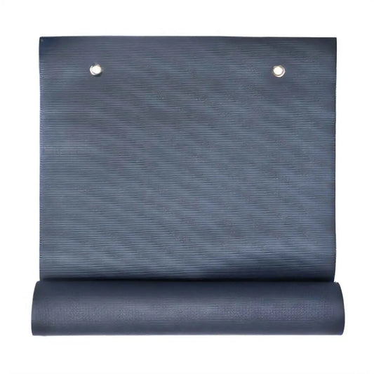 Dark blue textured warrior eyelet yoga mat ii with two silver grommets for home fitness use rolled up