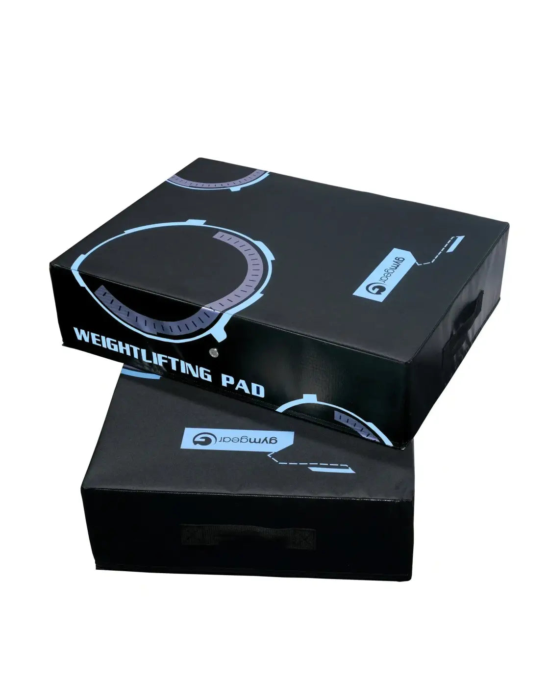 Black rectangular weightlifting drop pads pair with light blue and gray circular accents for compact design use