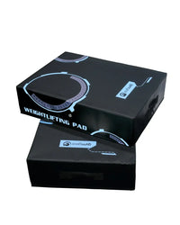 Black rectangular weightlifting drop pads pair with light blue and gray circular accents for compact design use
