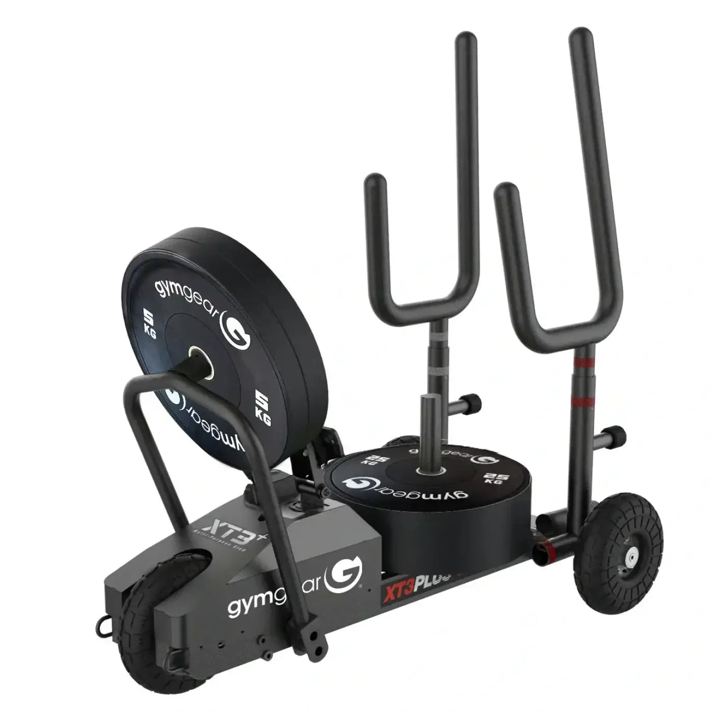 Black gymgear xt3 plus sled v2 with wheeled adjustable handles and multiple barbell plates for home use