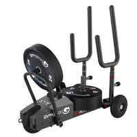 Black gymgear xt3 plus sled v2 with wheeled adjustable handles and multiple barbell plates for home use