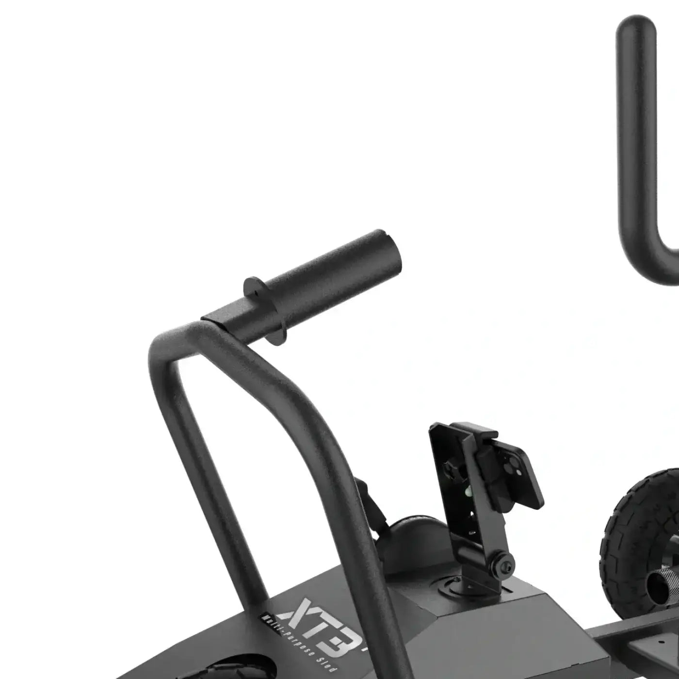 Black metal handlebar with matte finish and ergonomic grip on the xtb fitness station of the XT3 Plus Sled V2 built for home