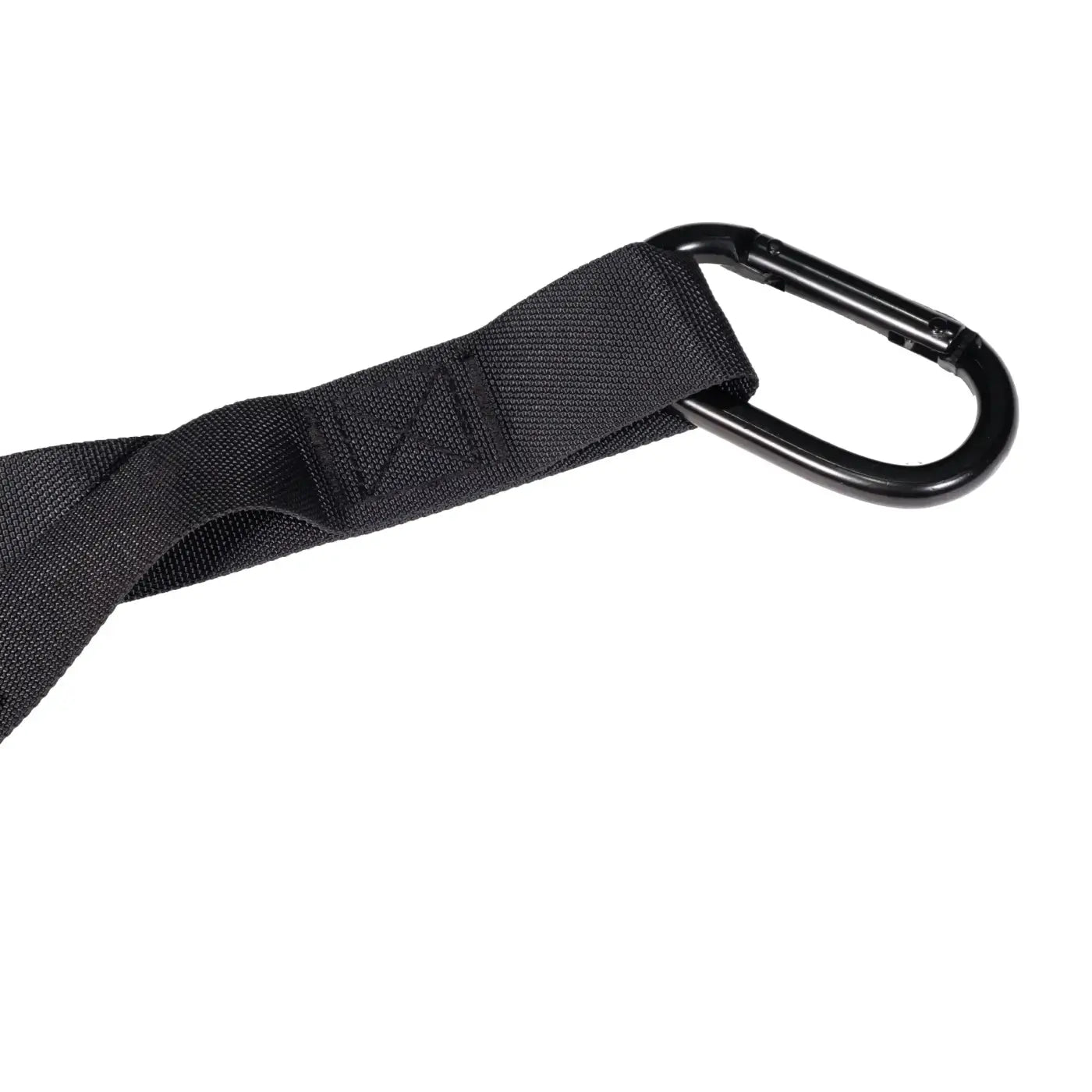 Black webbing strap with black carabiner clip for the XT3+ Prowler Sled Pull Handle Strap home fitness product