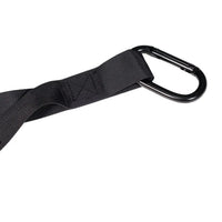 Black webbing strap with black carabiner clip for the XT3+ Prowler Sled Pull Handle Strap home fitness product