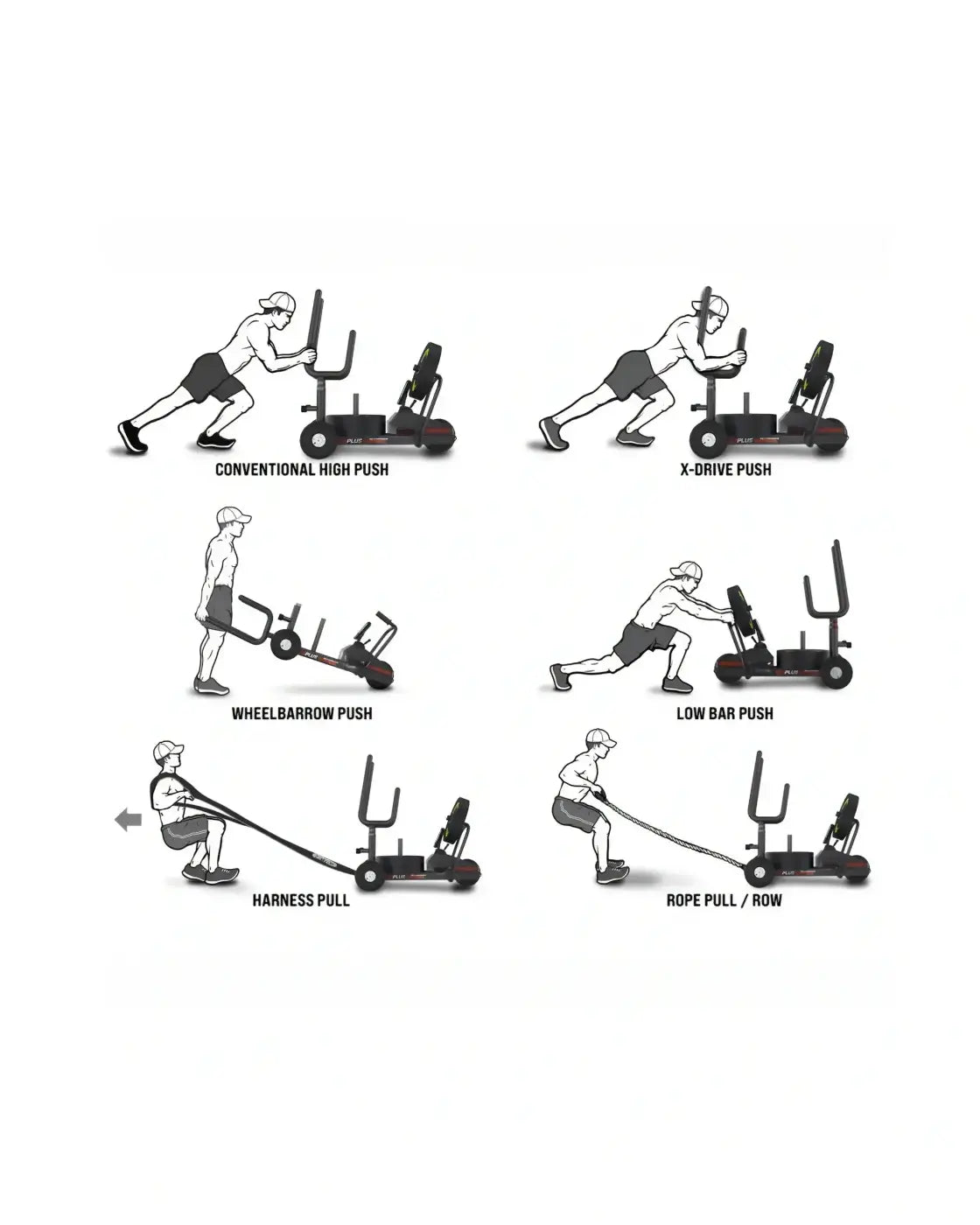 Xt4 power sled exercise machine in black and gray with adjustable handles wheels and resistance bands for strength training